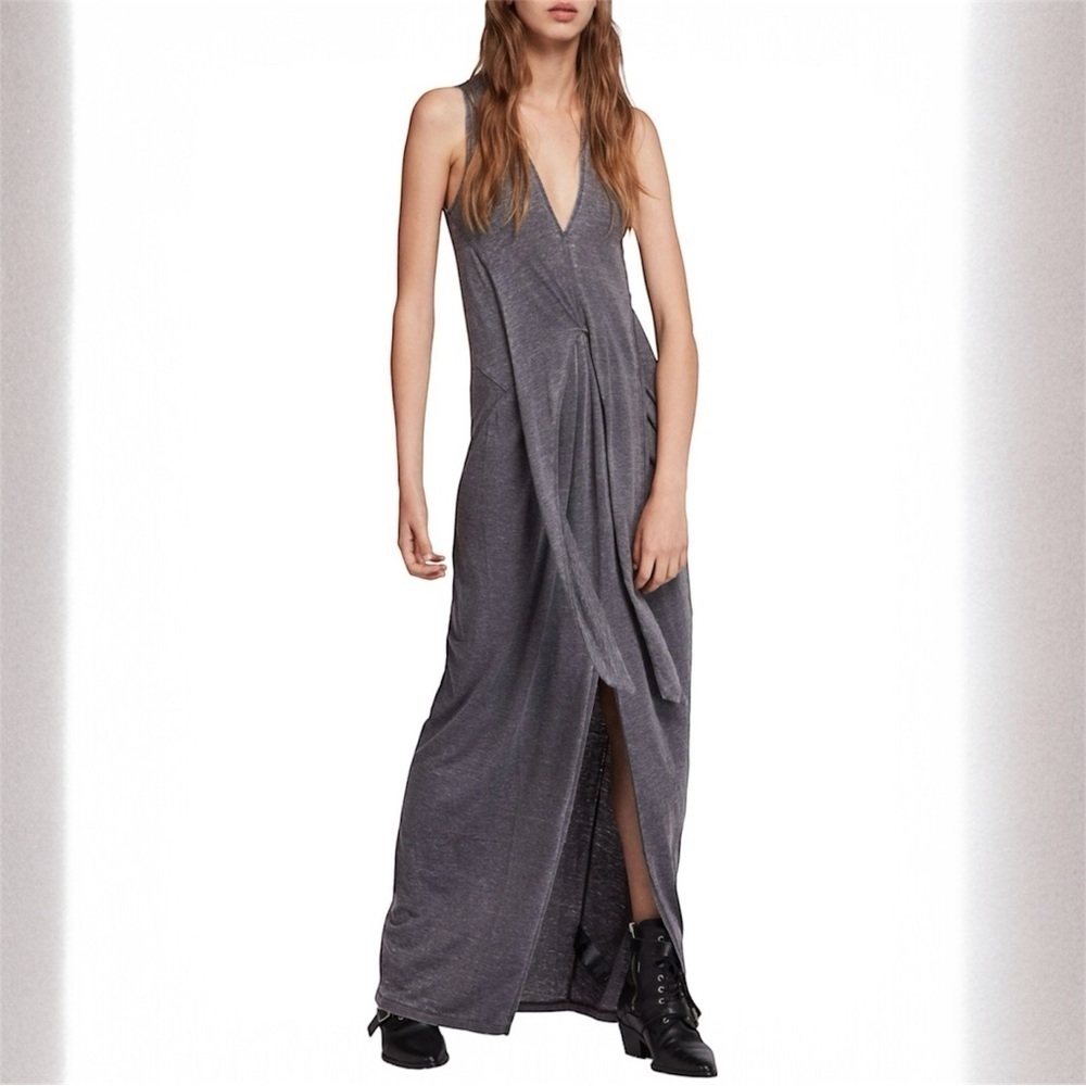Allsaints Elke Tie-Detail Maxi Dress Coal Gray Size S - Picture 3 of 9